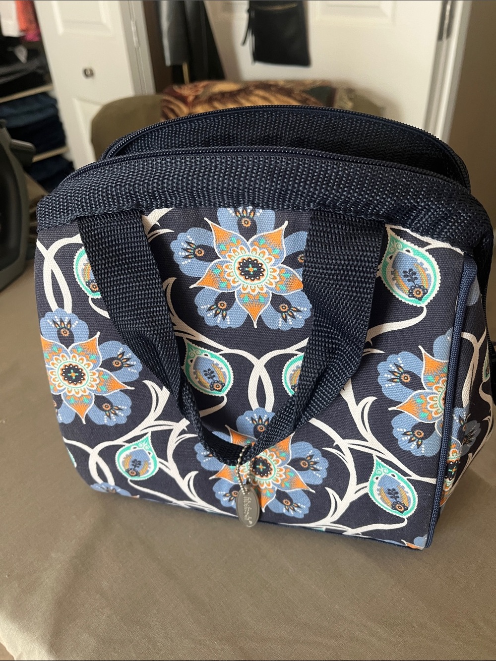 Navy Floral Print Tote with Blue & Orange Accents